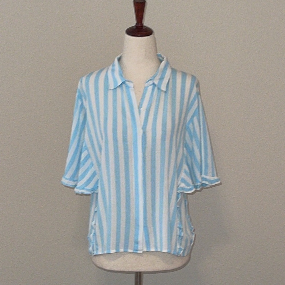 Love Fire Blue Striped Button Down Ruffle Detail Blouse Sz. MD.